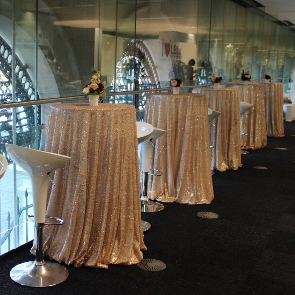 Rose Gold Champagne Sequin Poseur table at London Fashion Week