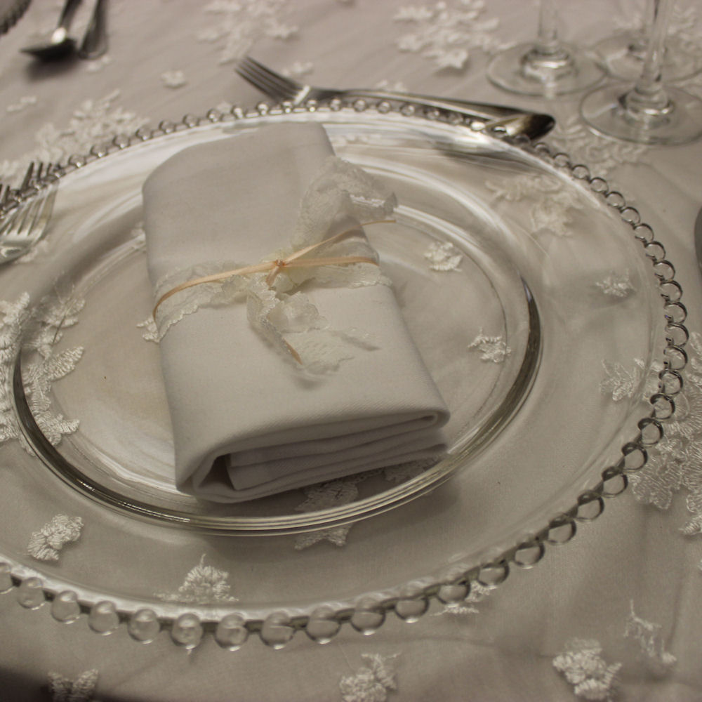 Clear Beaded Charger Plate on Lace Cap Tablecloth