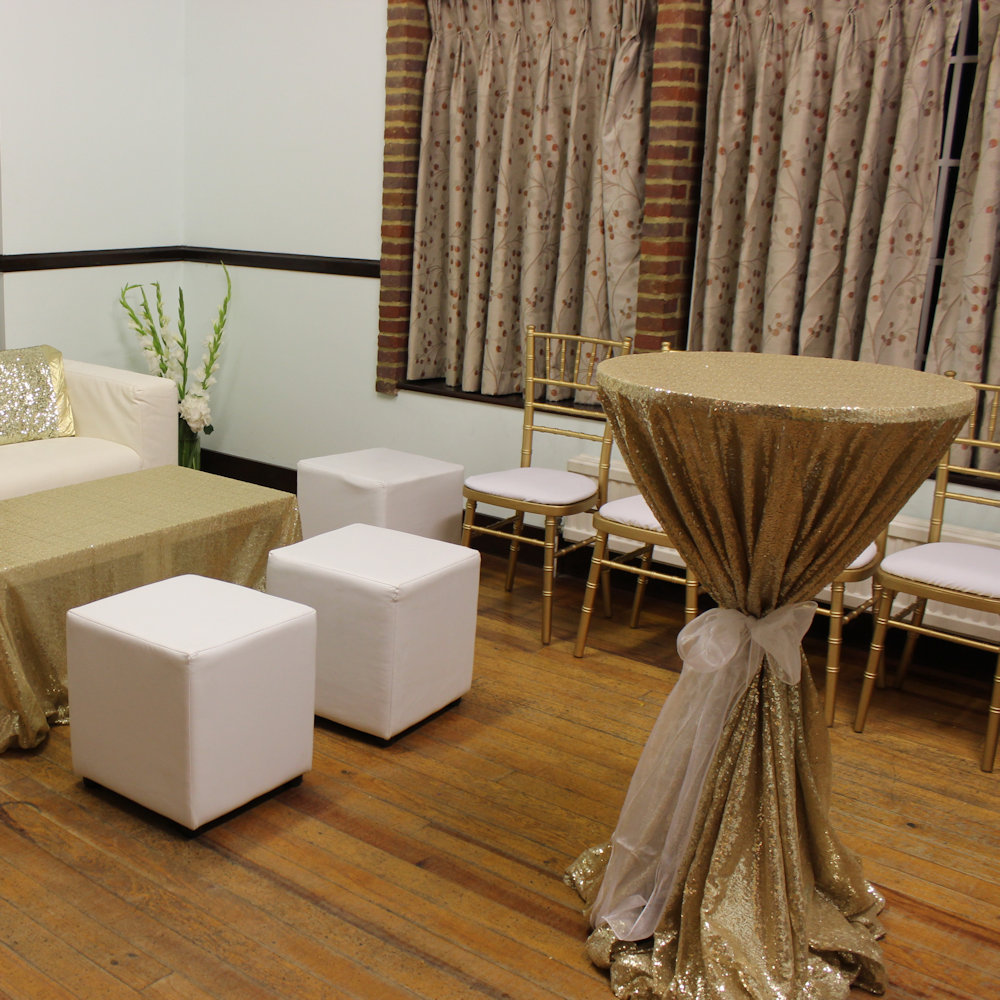 Village hall wedding gatsby gold sequin poseur table cube seats sofas white (1)
