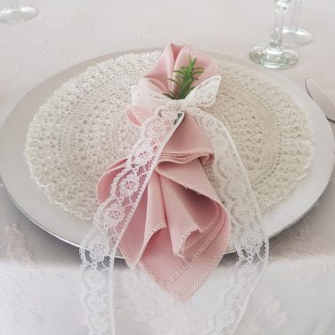 Lace doily doilie with blush pink napkin& lace ribbon