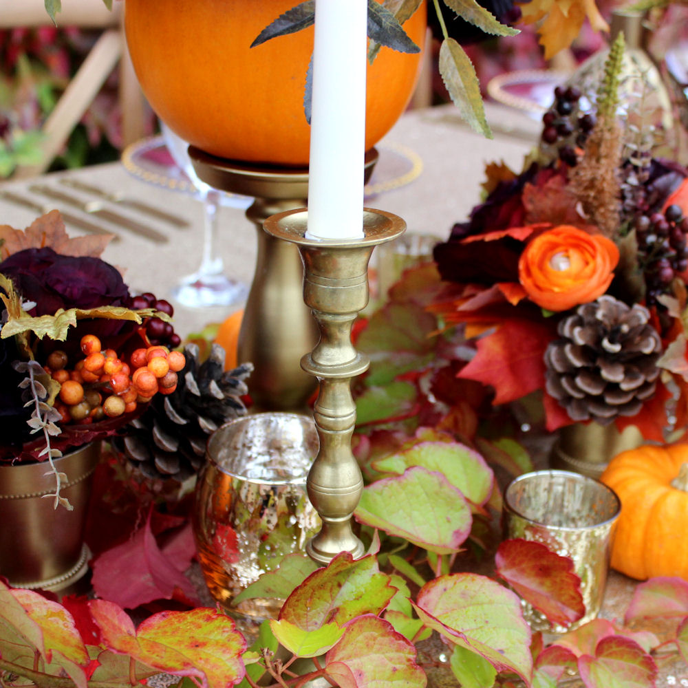 Gold Brass Candlesticks on Autumn Table