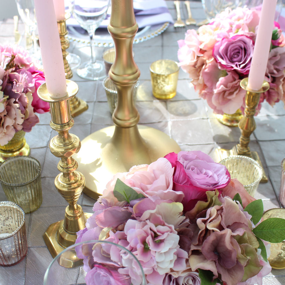 Gold Brass Candlesticks with Pink Flowers