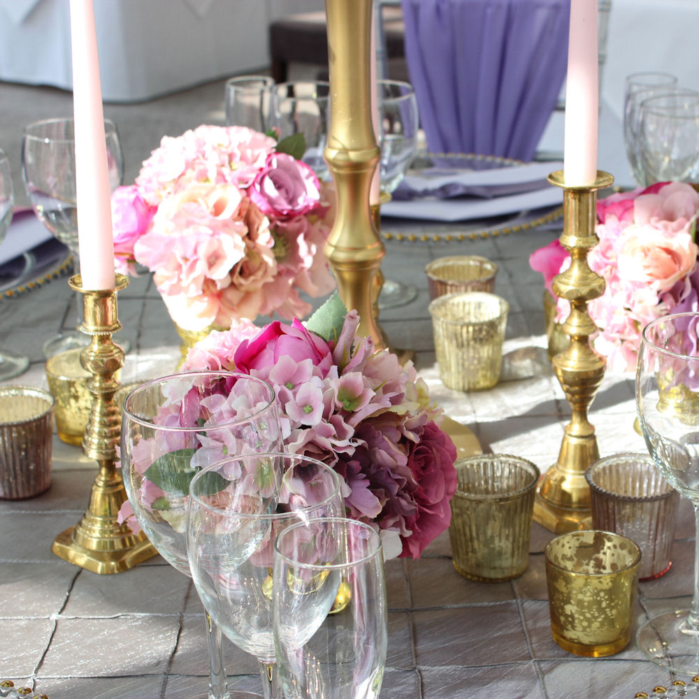 Gold Brass Candlesticks with Pink Flowers