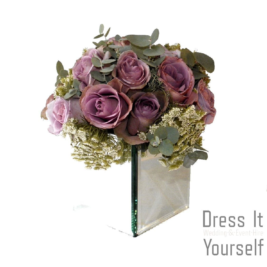 Mirror Cube Vase Hire with Amnesia Roses
