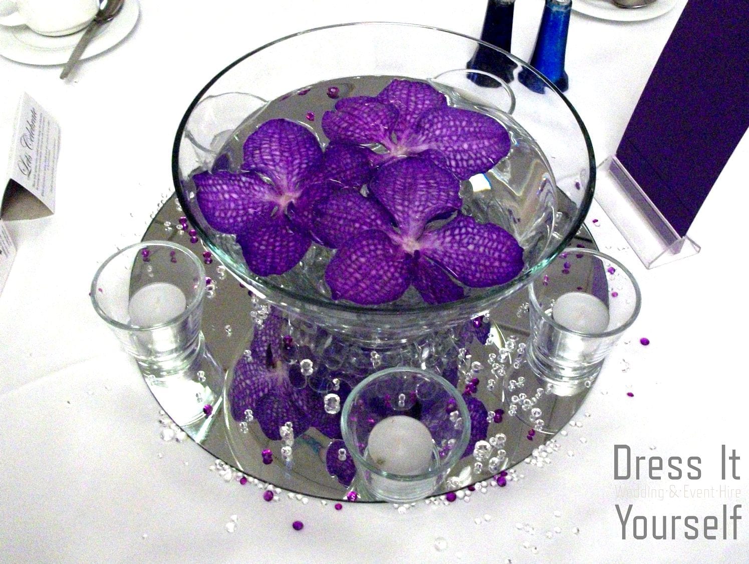 Open Tapered Bowl with Floating Purple Orchids