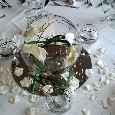 Fish Bowl with White Callas & Bear Grass