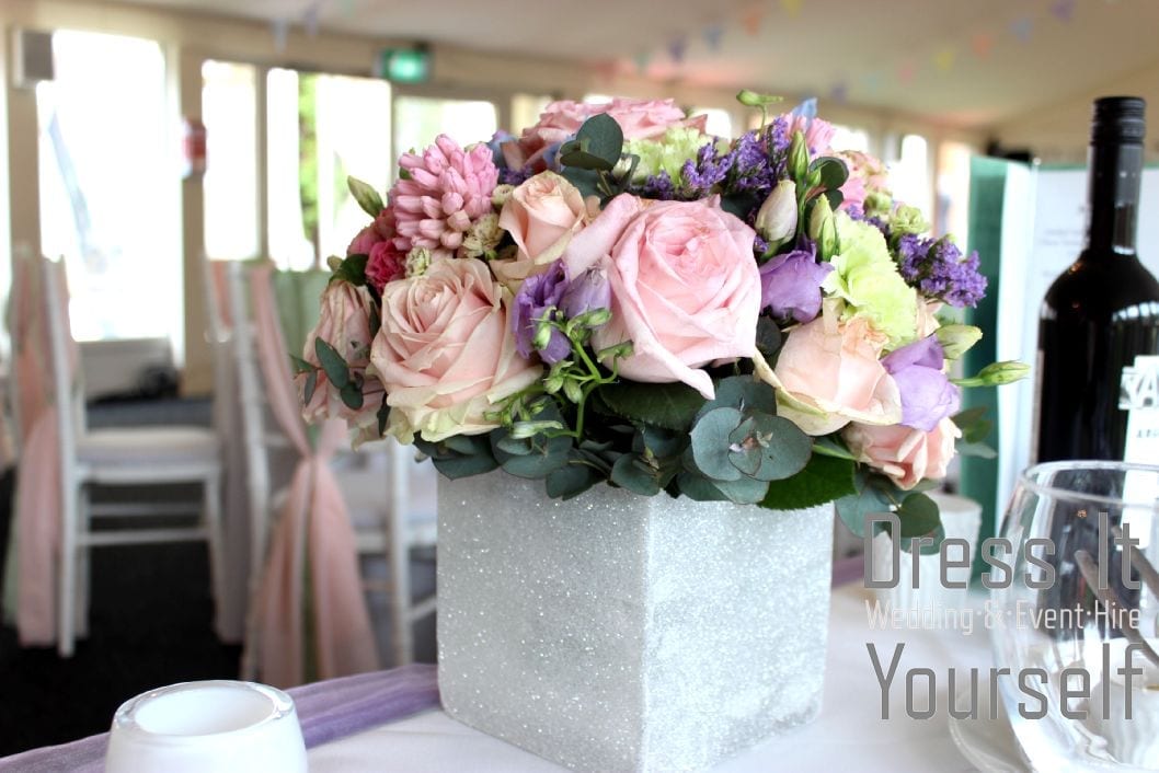 White Glitter Cube Vase with Pastel Flowers