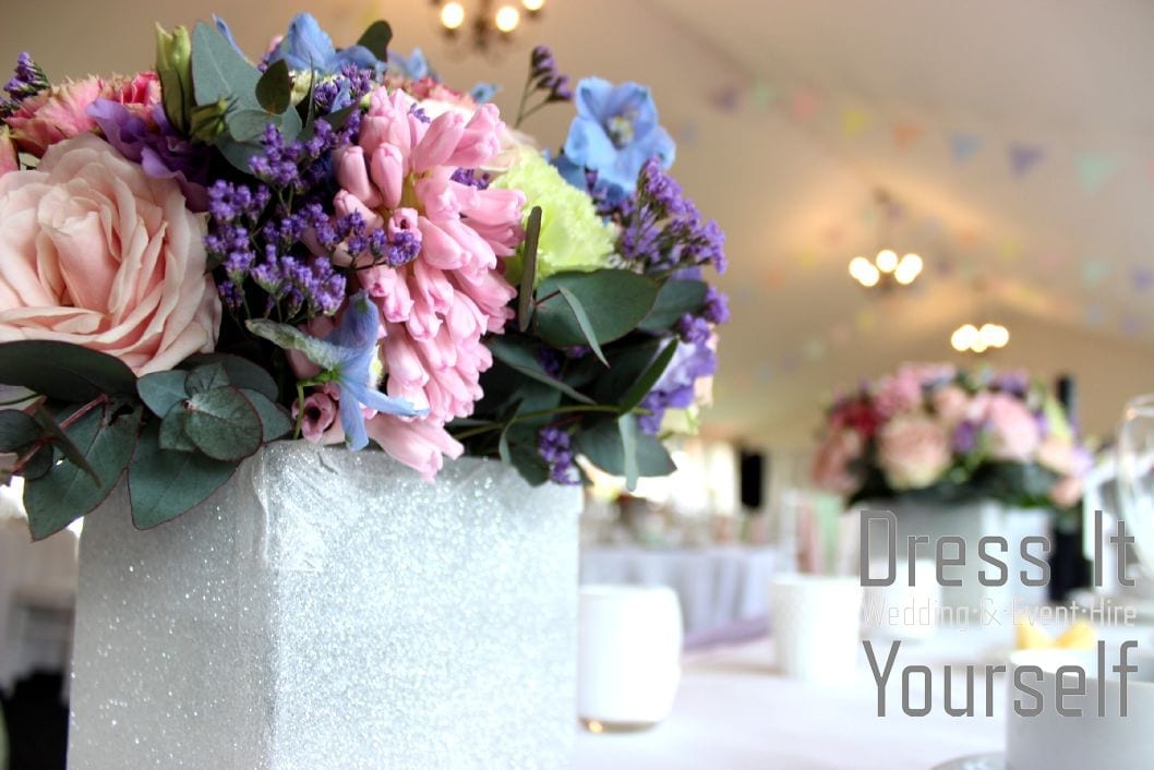 White Glitter Cube Vase with Pastel Flowers