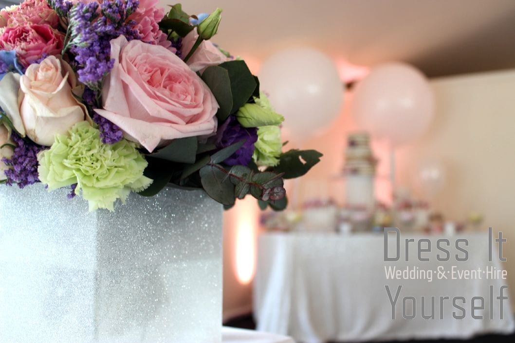 White Glitter Cube Vase with Pastel Flowers