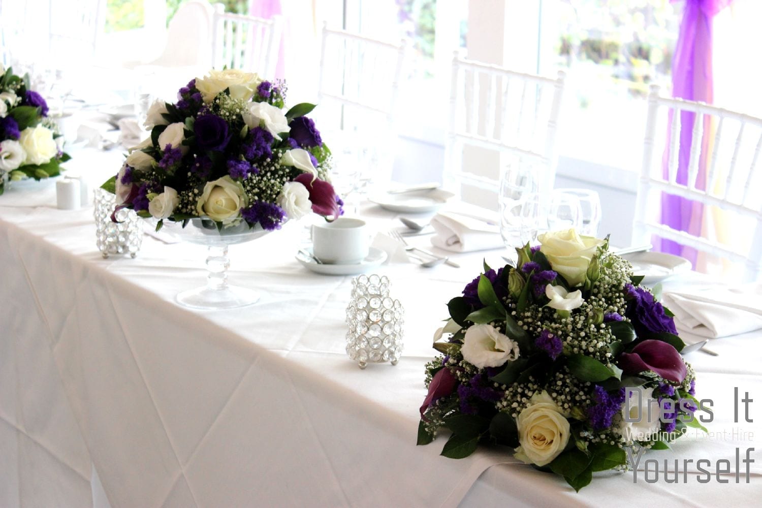 Footed Glass Bowl with Purple & Ivory Flowers