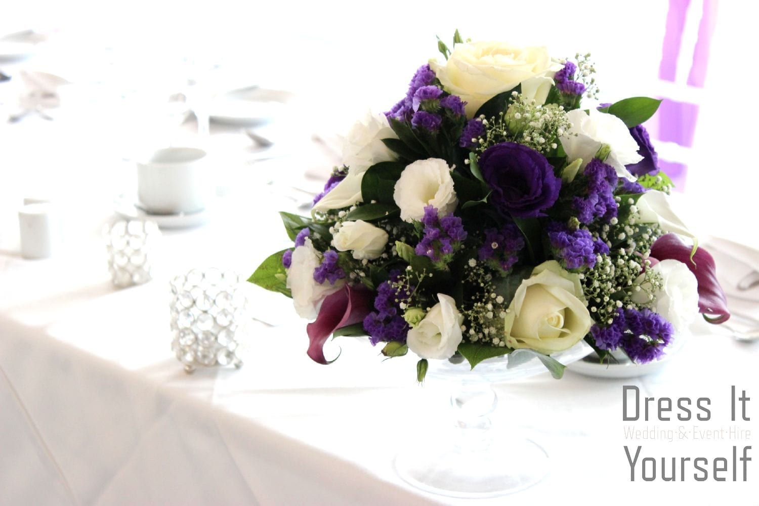 Footed Glass Bowl with Purple & Ivory Flowers