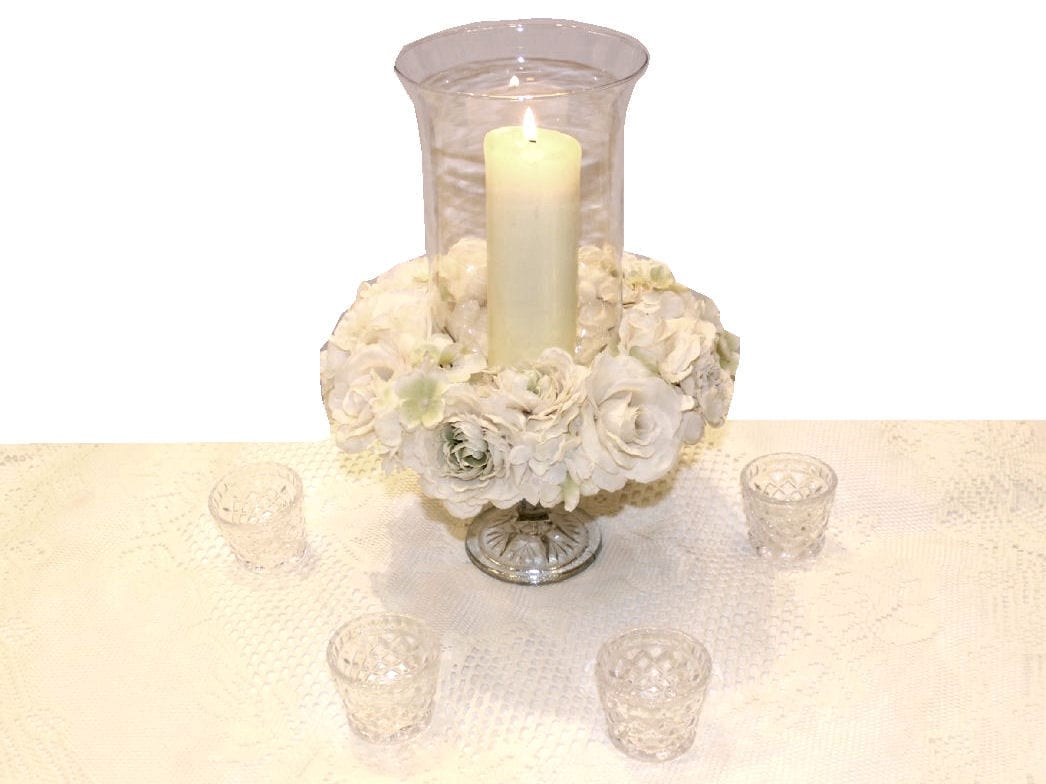 Medium Hurricane Vase on Cake Stand with Ring of Flowers