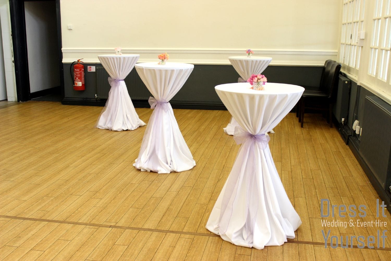 Poseur Table with White Cloth & Lilac Bow