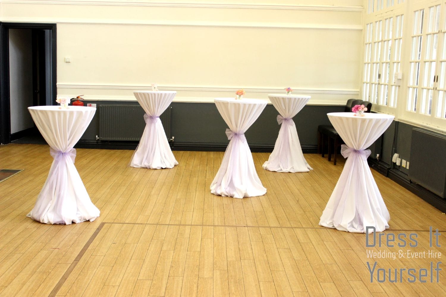 Poseur Table with White Cloth & Lilac Bow
