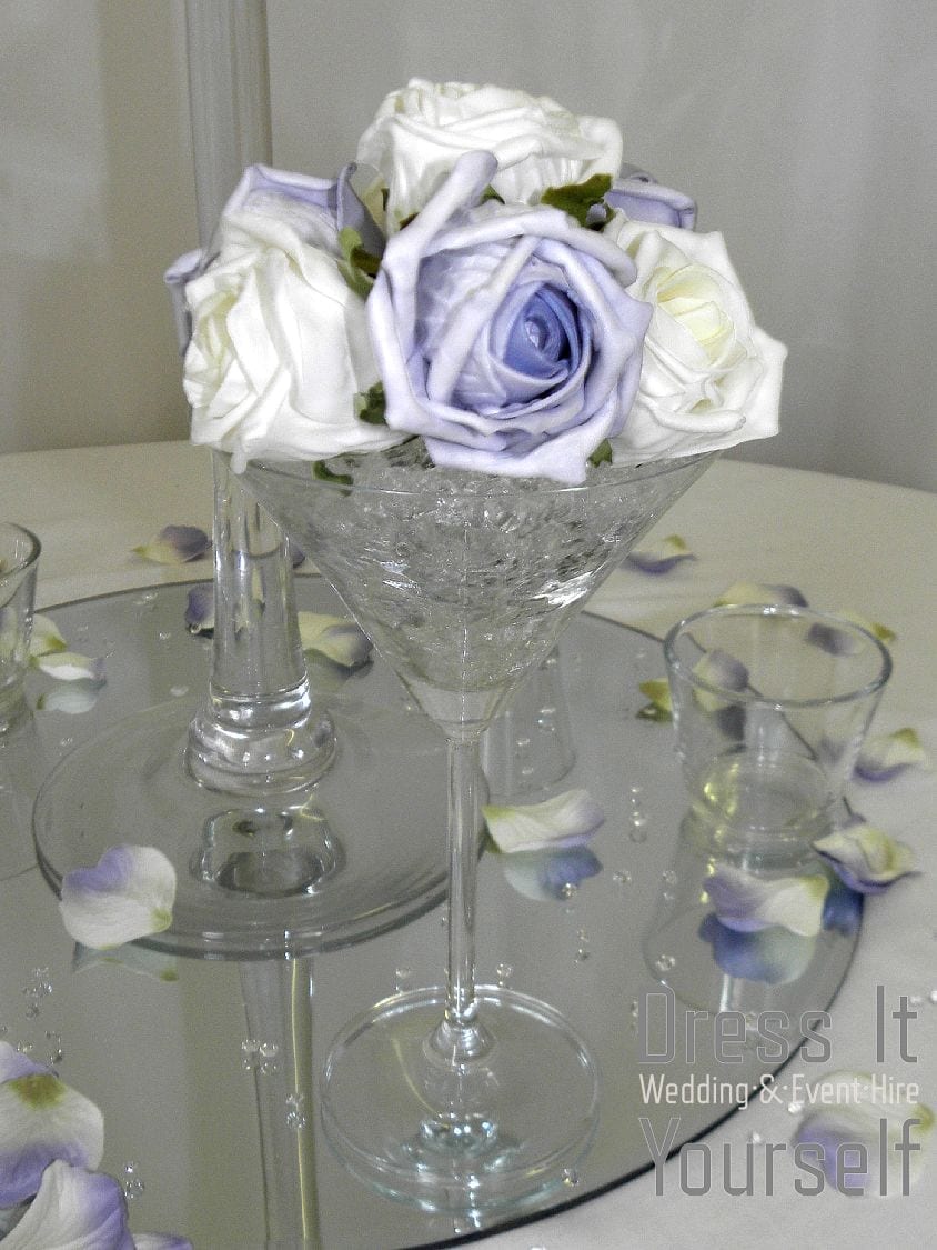 Martini Glass with Blue & Ivory Foam Roses