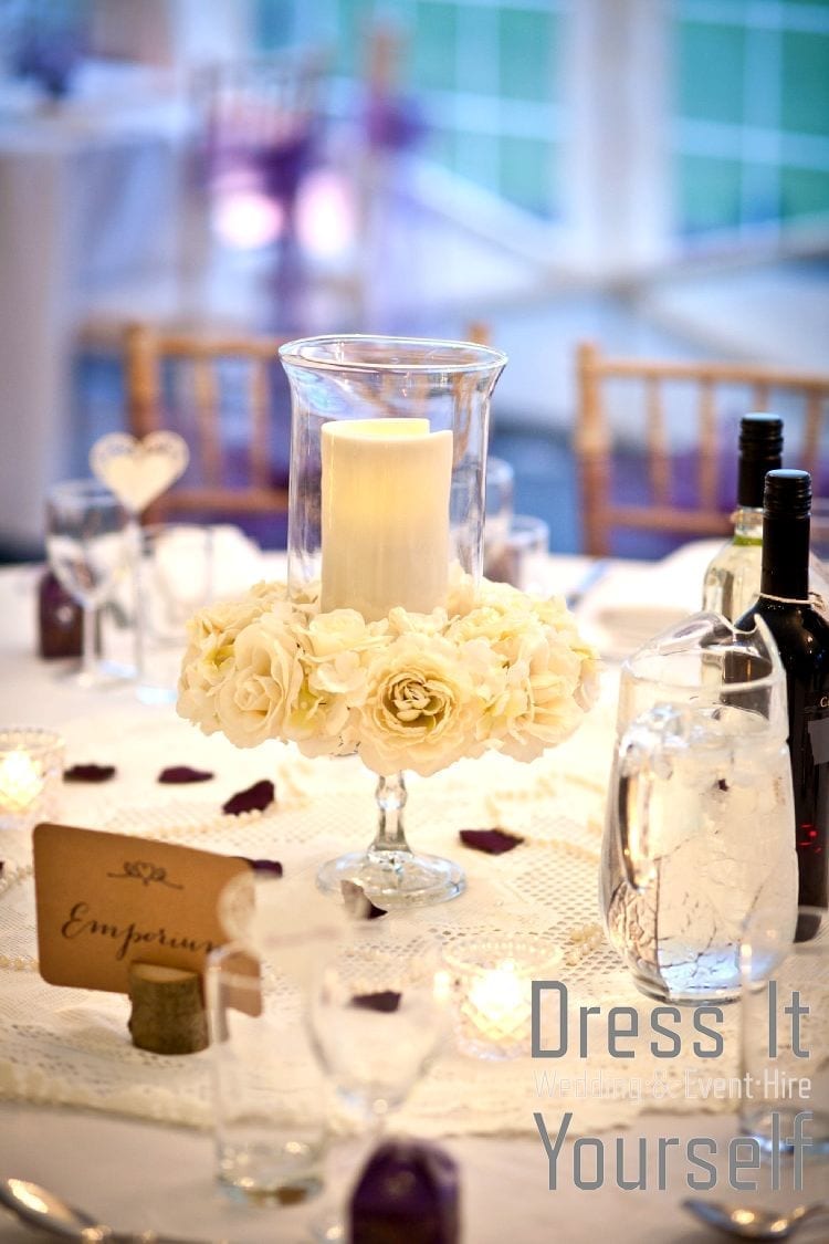 Medium Hurricane Vase on Cake Stand with Ring of Flowers