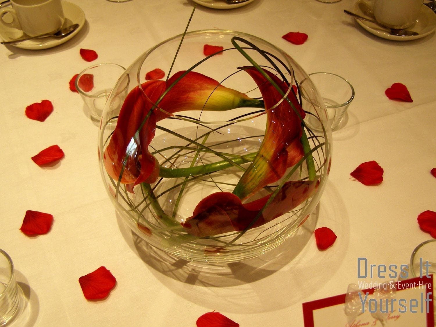 Fish Bowl with Red Callas & Bear Grass