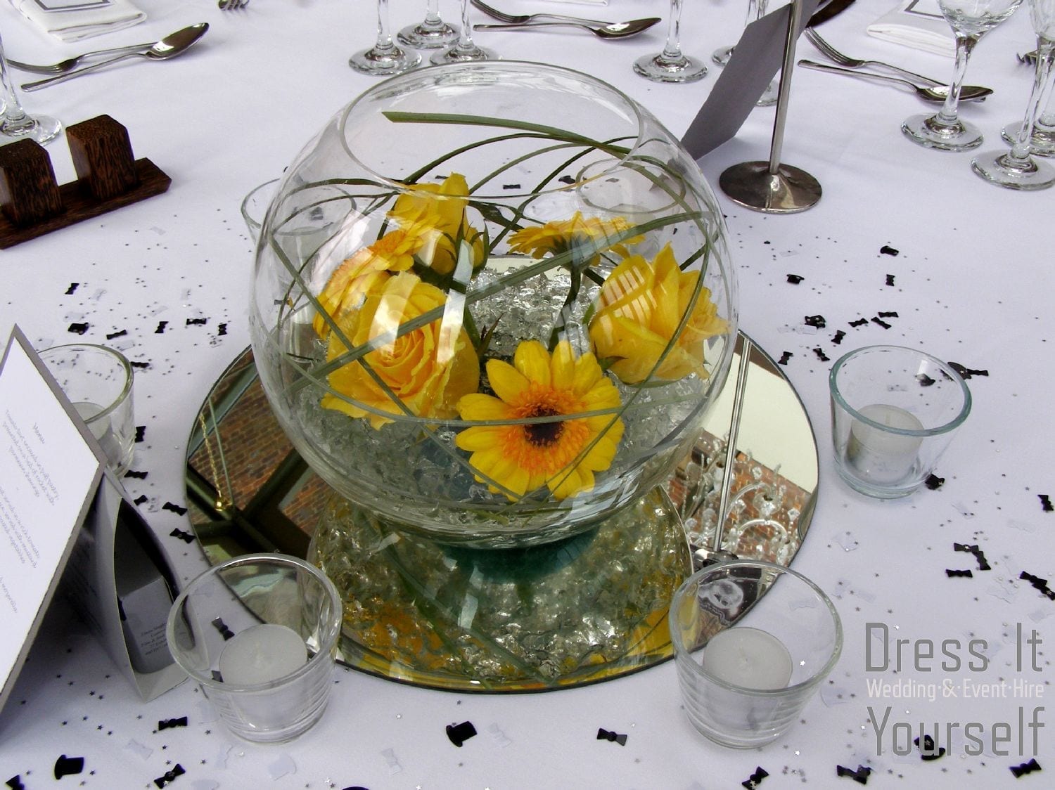 Fish Bowl with Gerberas and Bear Grass