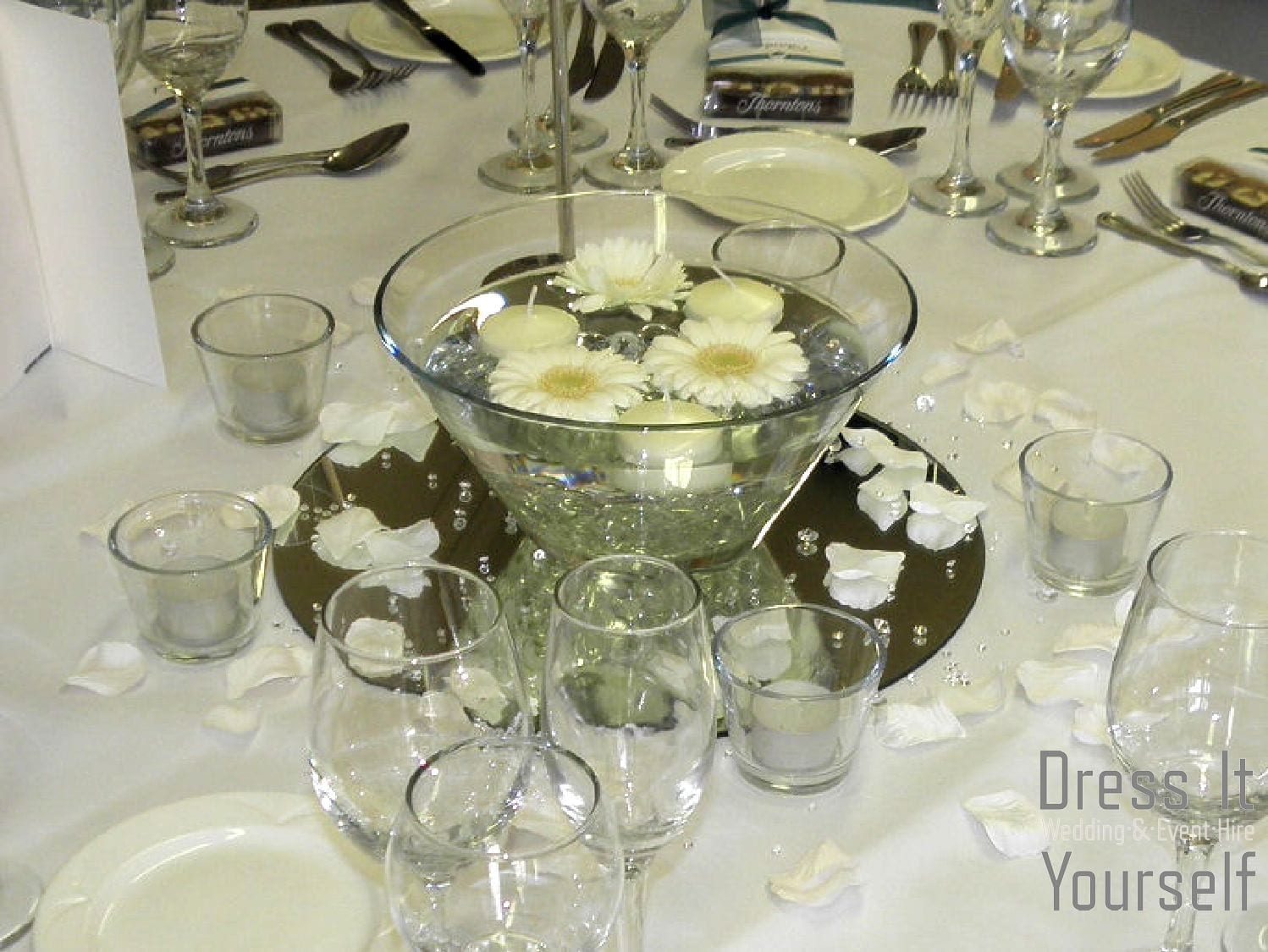 Open Tapered Bowl with Floating Candles & Gerberas