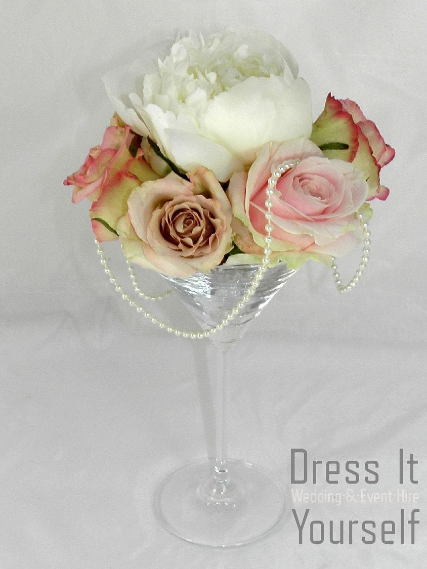 Martini Glass with Ivory & Taupe Flowers