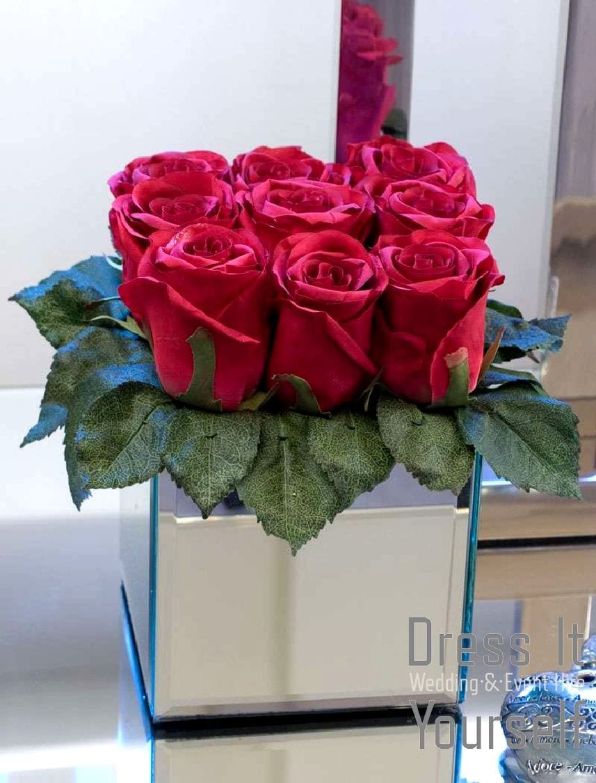 Mirror Cube Vase Hire with 9 Roses