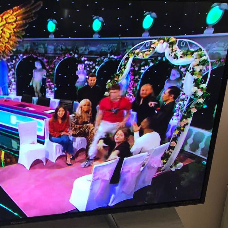 Chair covers & heart arch with flowers & chiffon celebrity juice tv