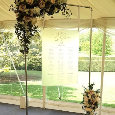 Pipe table plan frame with blush flowers and perspex table plan jo newall (sq)