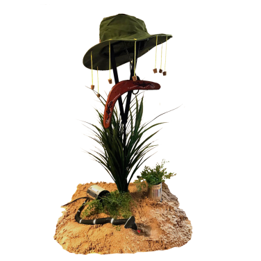 Australia Centrepiece Hat Boomerang, Snake, Tin Cans