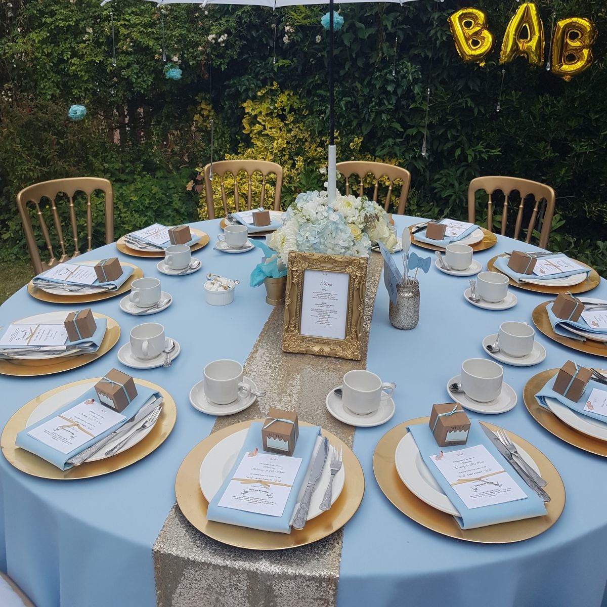 6 Dusty Blue & Gold Scalloped Charger Plates – 13-Inch Plastic For Weddings & Events