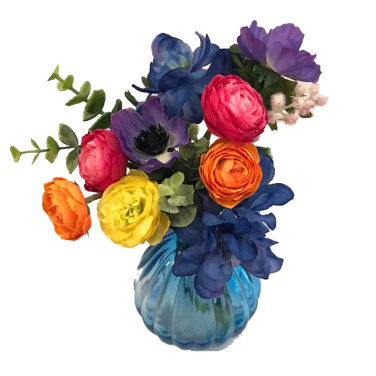 Blue Ribbed Bud Vase with Colourful Flowers