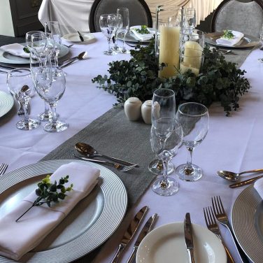 Eucalyptus ring 3 cylinder vases with led candles grey hessian runners
