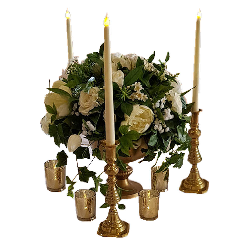 Gold Punch Bowl with Silk Flowers & Candlestick Centrepiece