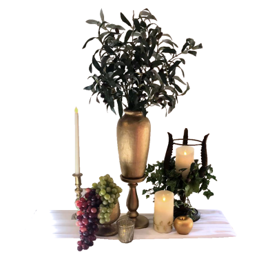 Greek Centrepiece with Gold Vase, Olives, Pillar Candles & Grapes