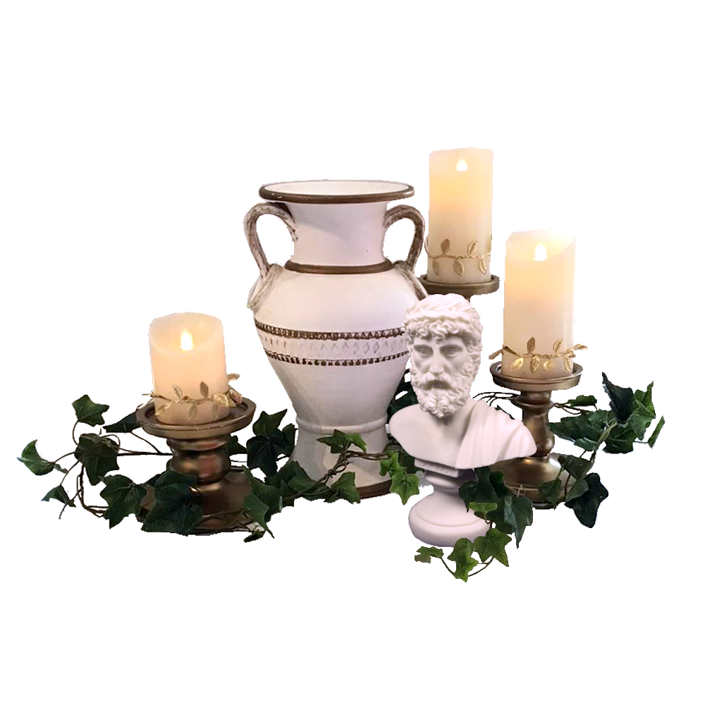 Greek Centrepiece with Bust Statue Gold & White Vase with Pillar Candles