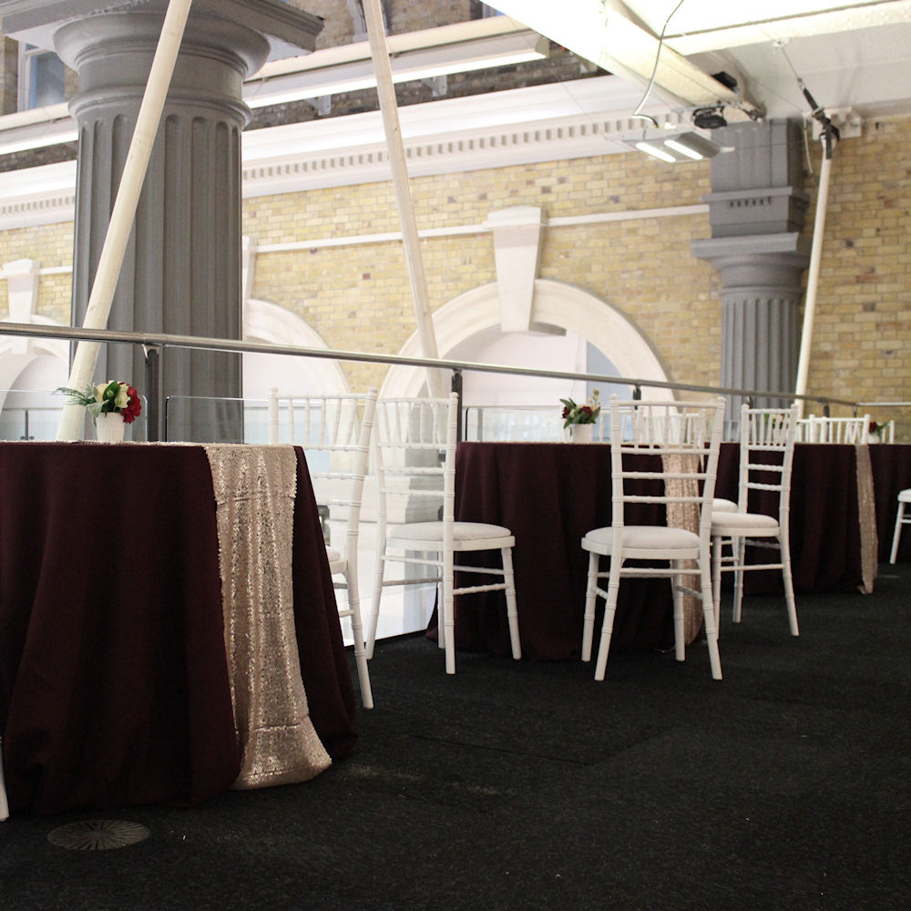 Burgundy Tablecloth with Champagne Sequin Table Runner
