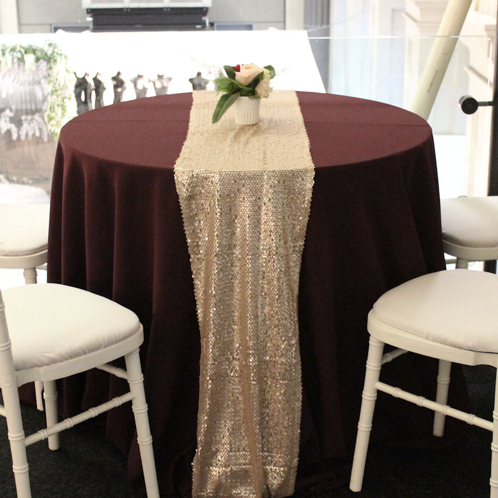 Burgundy Tablecloth with Champagne Sequin Table Runner