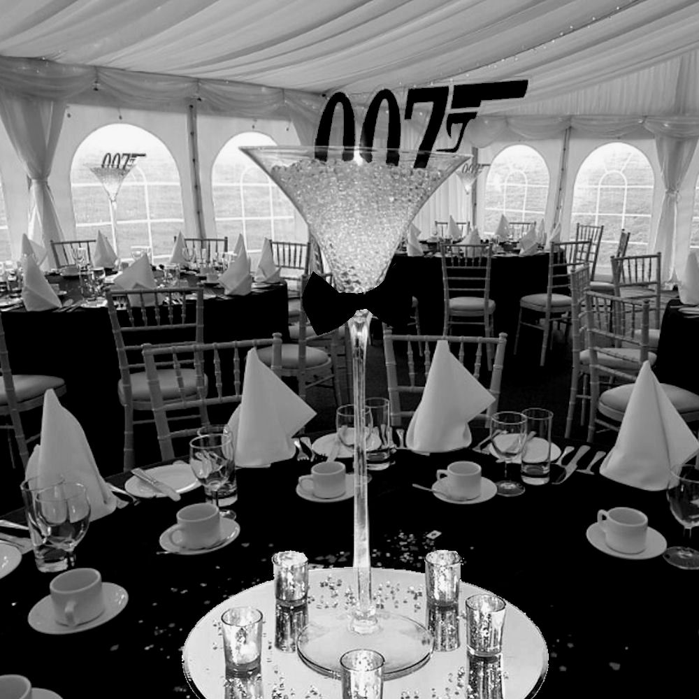 Bow Tie & Crystals with Martini Glass Centrepiece with 007 Symbol (Black and White)