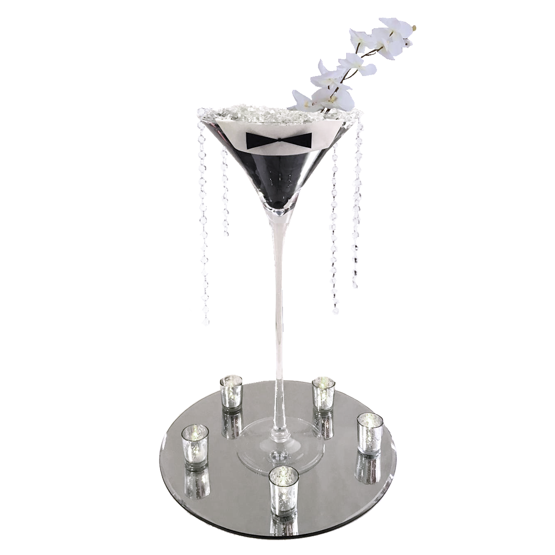 Tuxedo & Bow Tie Centrepiece with Crystals & Orchid