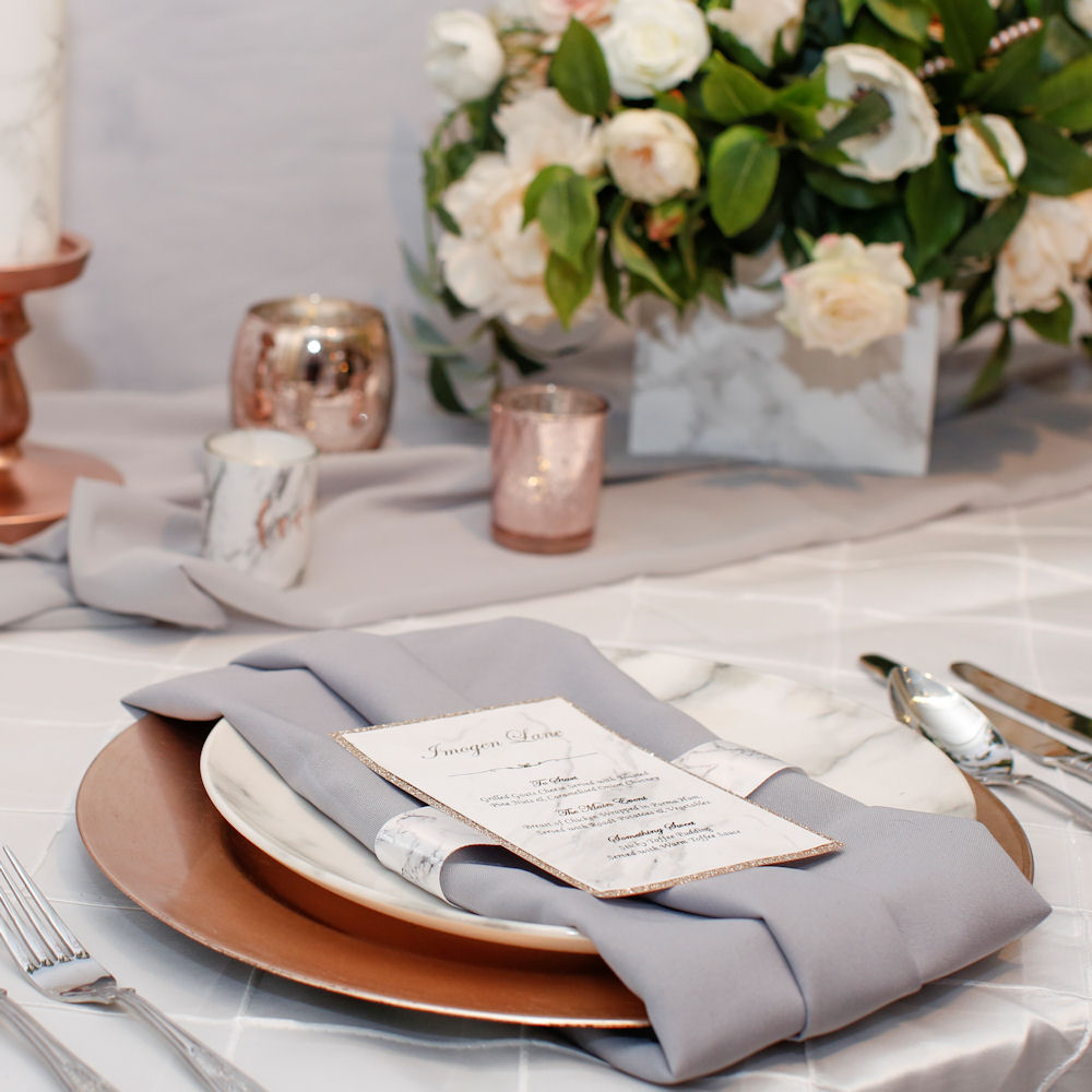 Rose Gold Plain Charger Plate with Grey Napkin