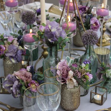 Stemmed Tea Light Holders Lavender glitter jam jars floating candles recycled bottles 1