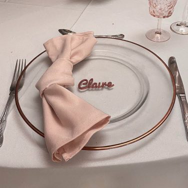 White tablecloth Rose Gold Rimmed charger plates pink Blush napkins