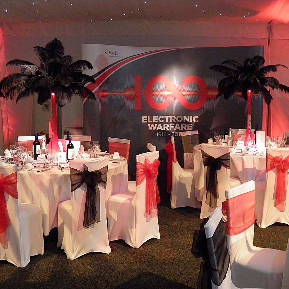 Coloured Feather Centrepiece Black Feathers on Red Vase