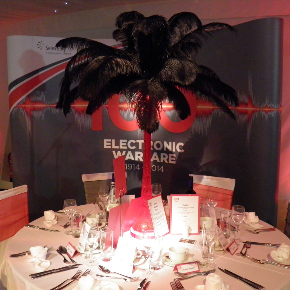 Coloured Feather Centrepiece Black Feathers on Red Vase