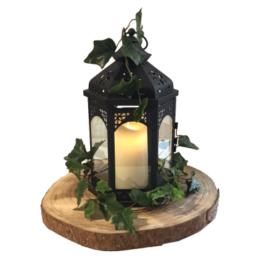 Black Lantern Centrepiece with Log Slice & Ivy