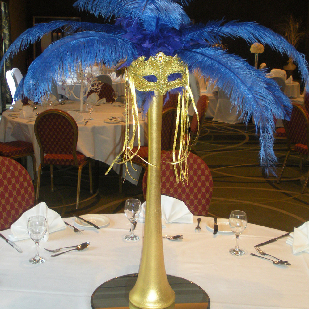 Blue & Gold Feather Centrepiece with Mask