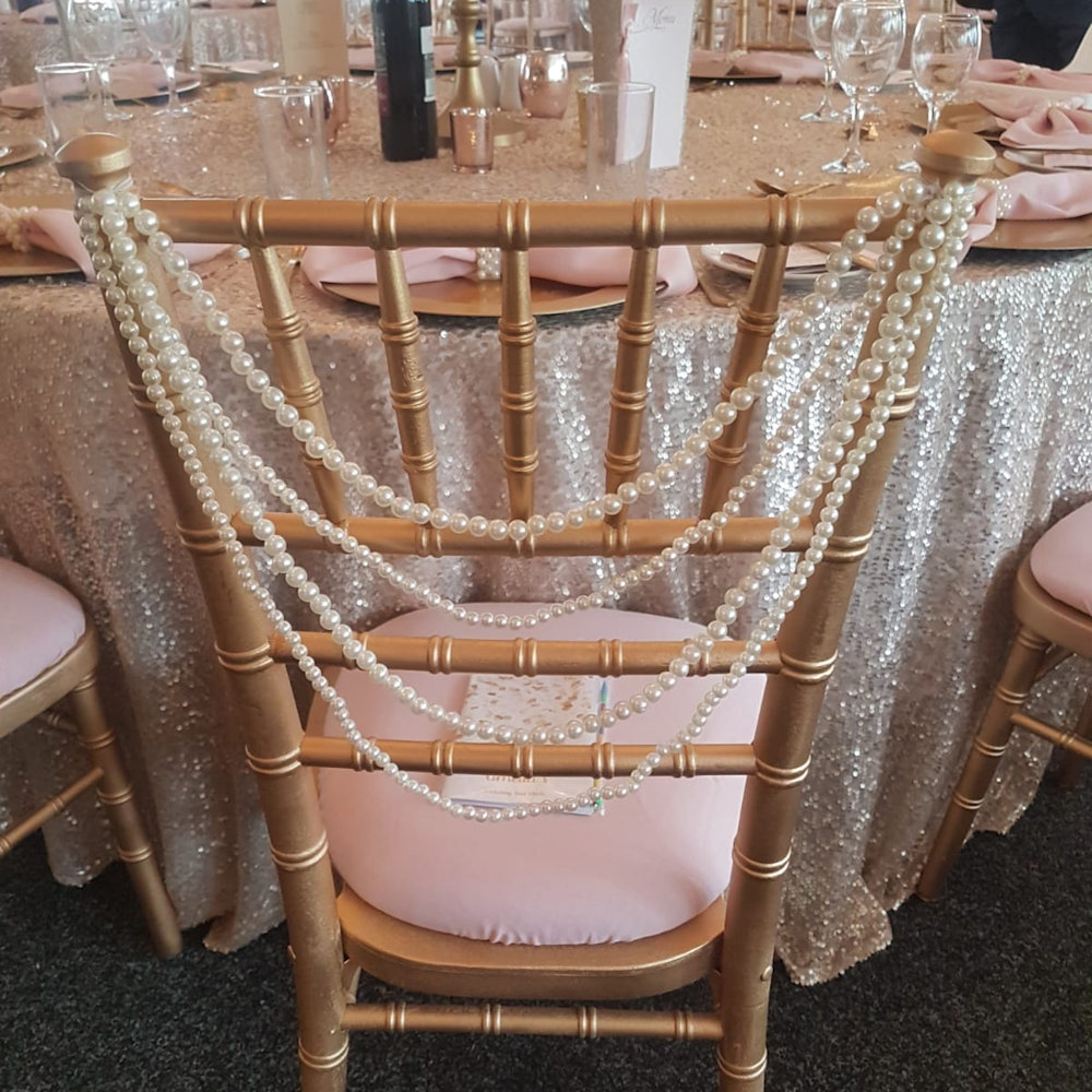 Caroline Hunton Blush and sequin gold chiavari chair pearls swag blush seat pad