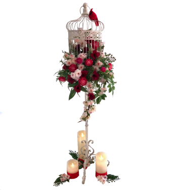 Chinese Centrepiece with Bird Cage, tall stand and flowers