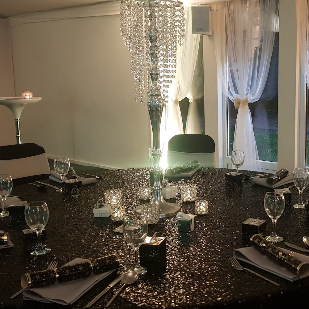 Crystal Candelier Silver with Black Sequin Tablecloth