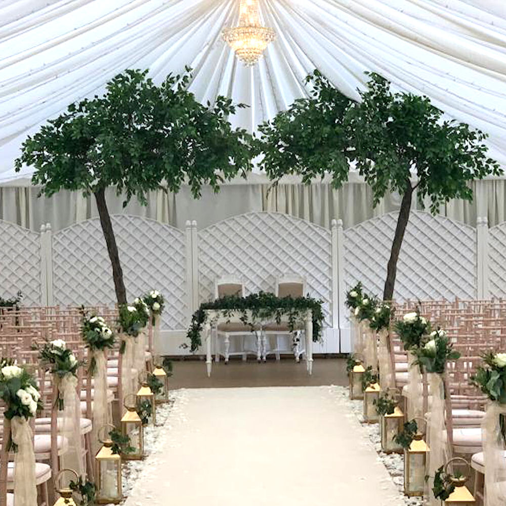 Floor standing trees foliage, ceremony fennes, lizzy & faz gold lanterns (3)