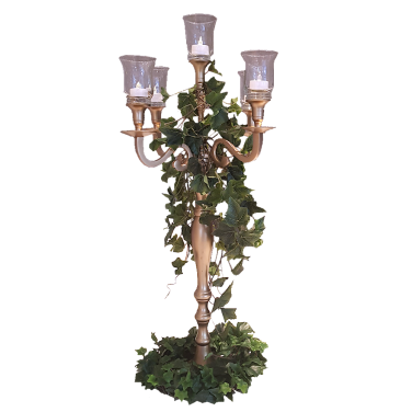 Gold Candelabra Centrepiece with Hurricane Tea Lights & Ivy